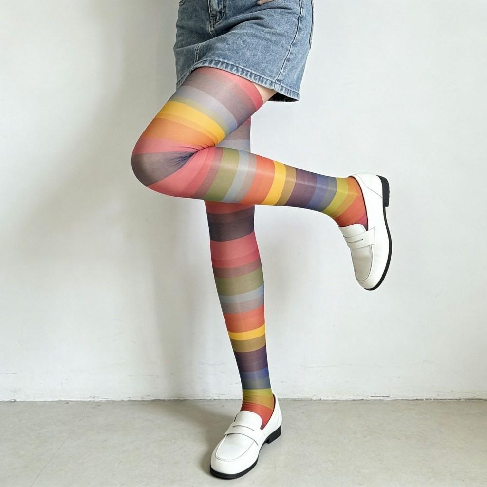 Elastic Rainbow Pantyhose Breathable Gradient Color Tights Colorful Stripes Stockings Party