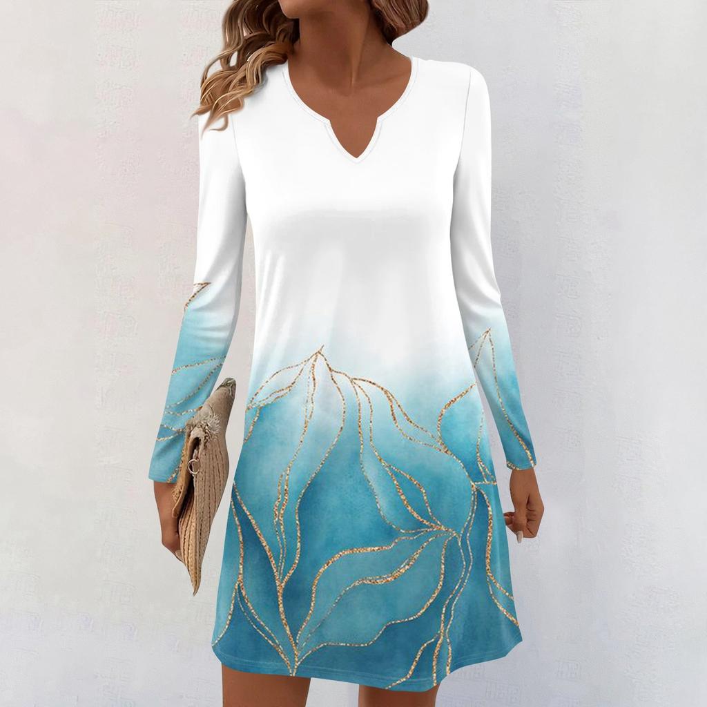 Women's Long-sleeved Casual Midi Dresses V-Neck Print Casual Dress