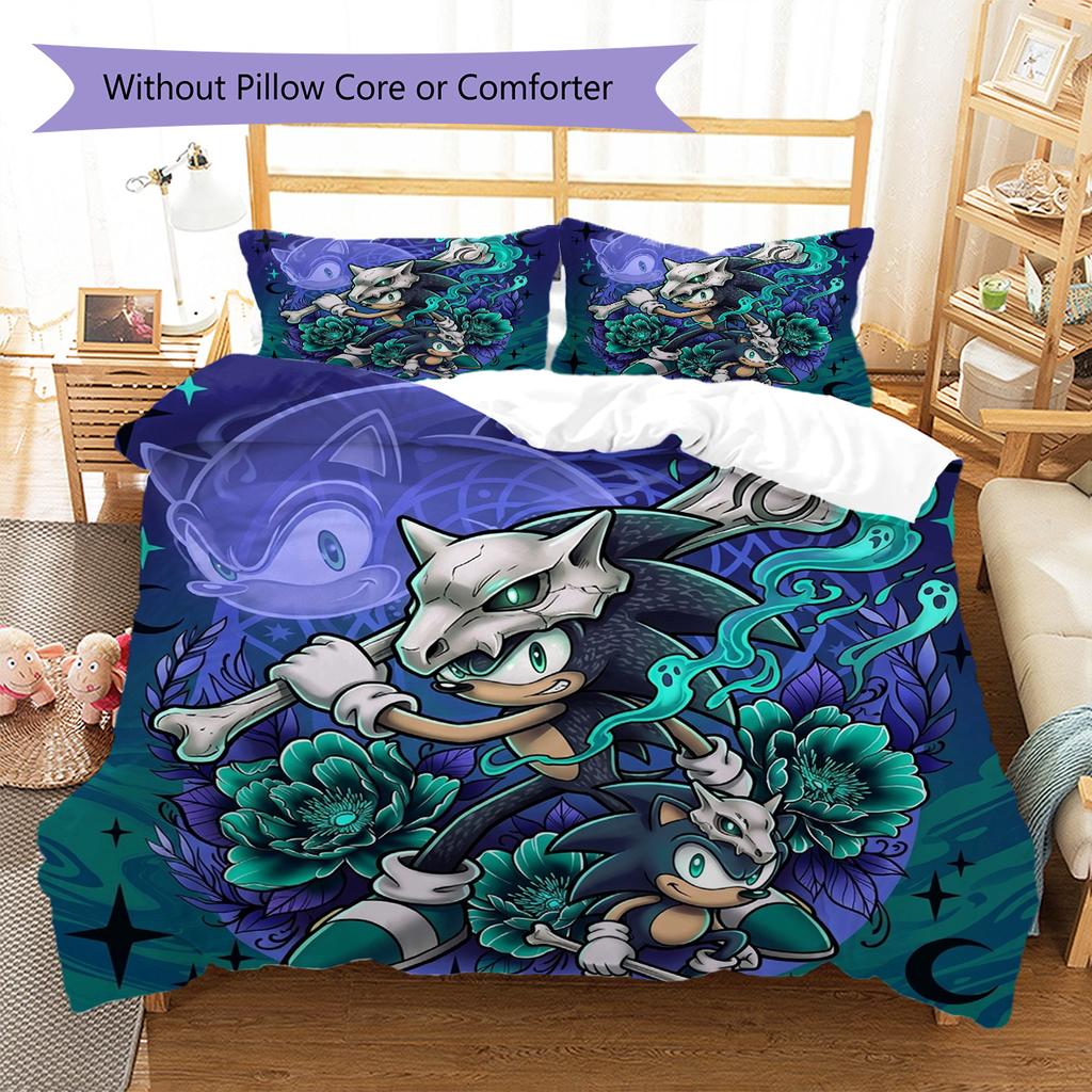 Hedgehog Sonic Pattern Bedding Quilt Set Quilt Cover Pillowcase Home Decoration Birthday Gift (1 * duvet cover + 2 * pillowcase, without core)