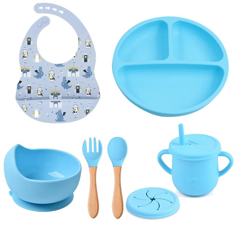 7PCS Baby Solid Silicone Tableware Set with Divided Baby Plates Feeding Bowls Straw Cup and Spoon for Toddler Training BPA Free