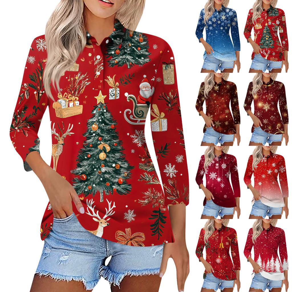 Women's Fashion Casual Lapel Short 3/4 Sleeve Christmas Print Shirt Women's Button Up Tops
