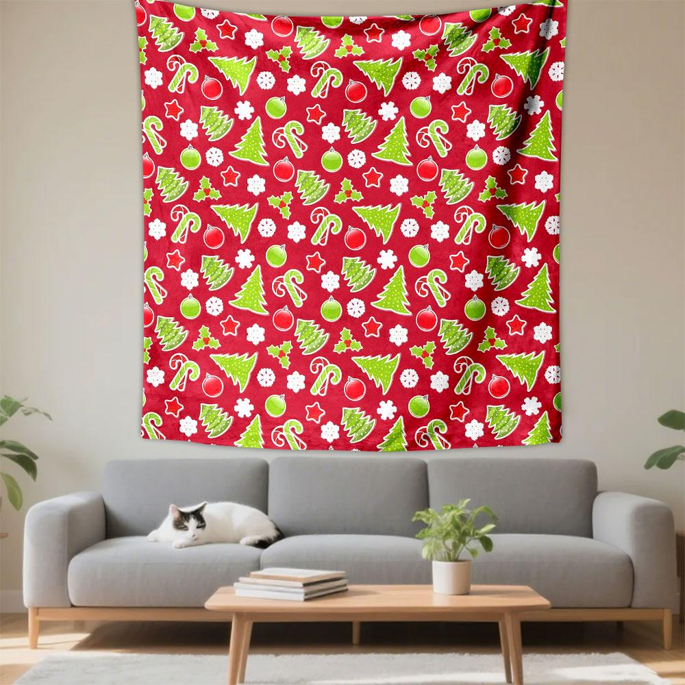 Christmas Tree and Candy Cane Pattern Patterned Tapestry Decorative Wall Hanging, Home Bedroom Living Room Decor