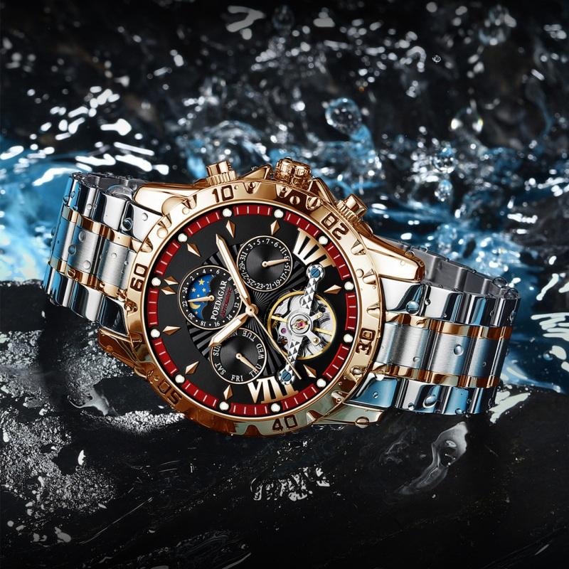 Новый стиль дизайна, импортные механические часы с автоматическим механизмом, мужские часы с шармом и доминированием с фазой солнца и луны, скелетонизированный маховик, мужские часы