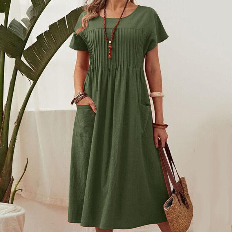 Summer Short Sleeve  Round Neck Women Dress Fashion Plus Size Elegant Loose Pockets Pleated A-line Dress Female Women's Clothing 3373