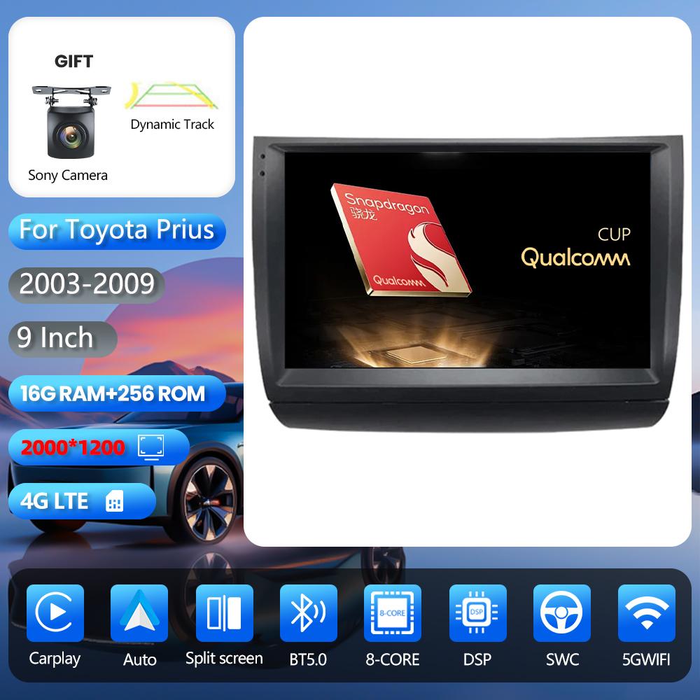 Android 16 pour Toyota Prius 20 2002 - 2009 wifi+4G Carplay Autoradio Navigation GPS Lecteur multimédia commande au volant