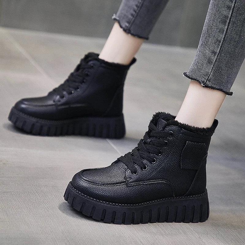 Зимние женские теплые короткие плюшевые хлопковые туфли, модные туфли на платформе со шнуровкой для женщин, повседневные ботильоны, высокие кроссовки