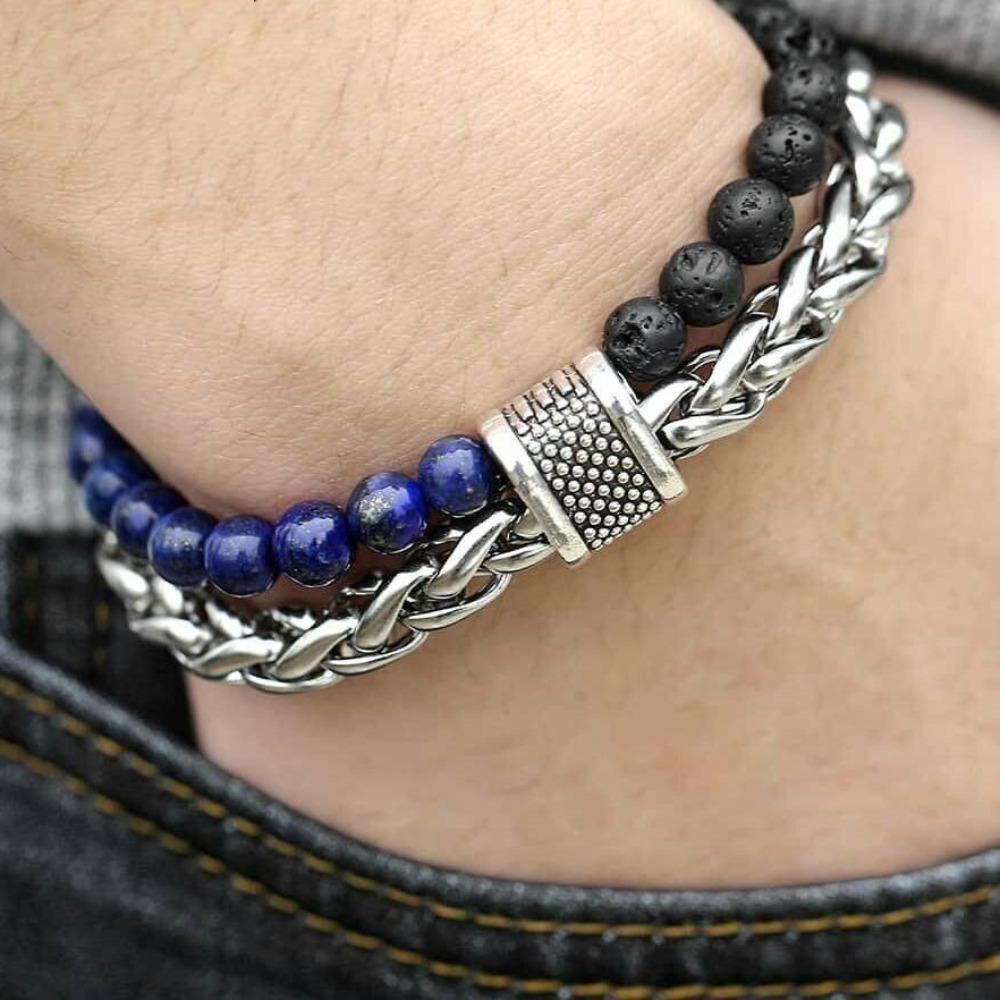 Мужской браслет из бисера с тигровым глазом и камнем из нержавеющей стали, бронзовая цепочка для йоги, браслет для йоги, мужские ювелирные изделия