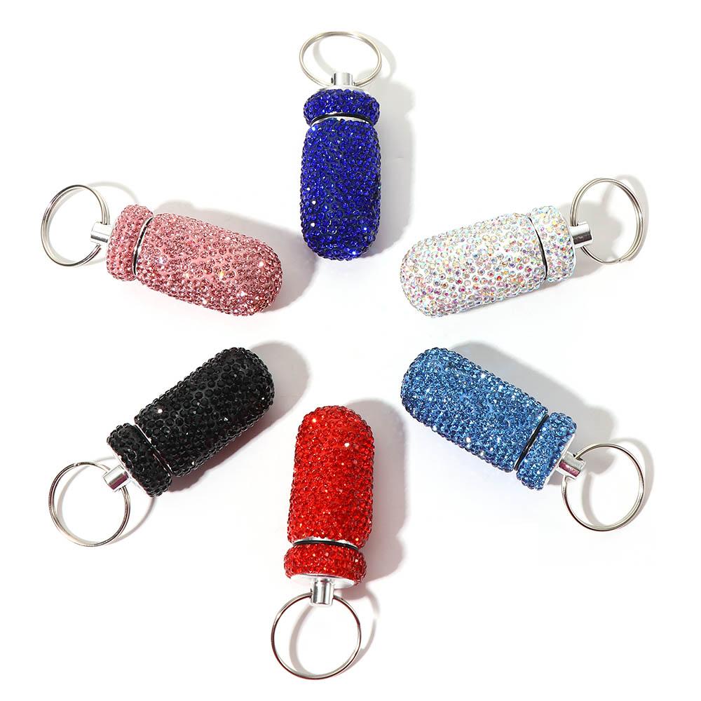 Box Rhinestones Tubes shape Waterproof Bling Pill Bottle Key Ring Pill Organizer Travel Pill Case