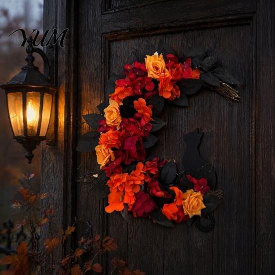 Seasonal Entryway Ornament Halloween Black Cat Moon Wreath, Gothic Crescent Wreath with Retro Style Door Artificial Rose Flowers for Home Front Porch