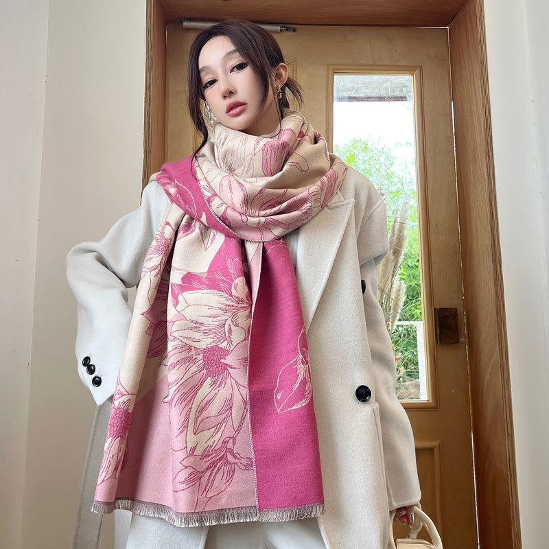 Autumn and Winter Scarf Women's Magnolia Floral Imitation Cashmere Jacquard Shawl High-end Scarf Thickened Warm Scarf