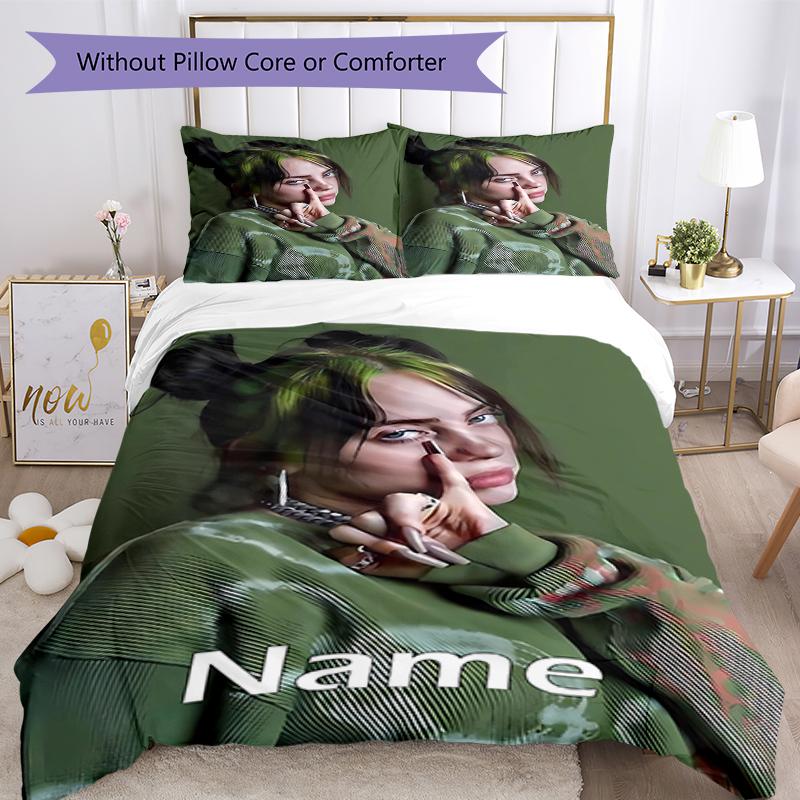 3pcs Custom Name Billie Eilish Bedding Set Duvet Cover Closure Includes 1 Duvet Cover & 2 Pillowcases, Soft and Comfortable for All Seasons.