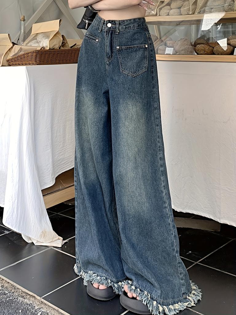 Мешковатые джинсы с потертым краем, свободные джинсы с высокой талией и широкими штанинами в стиле ретро, ​​женские джинсовые джинсы и одежда