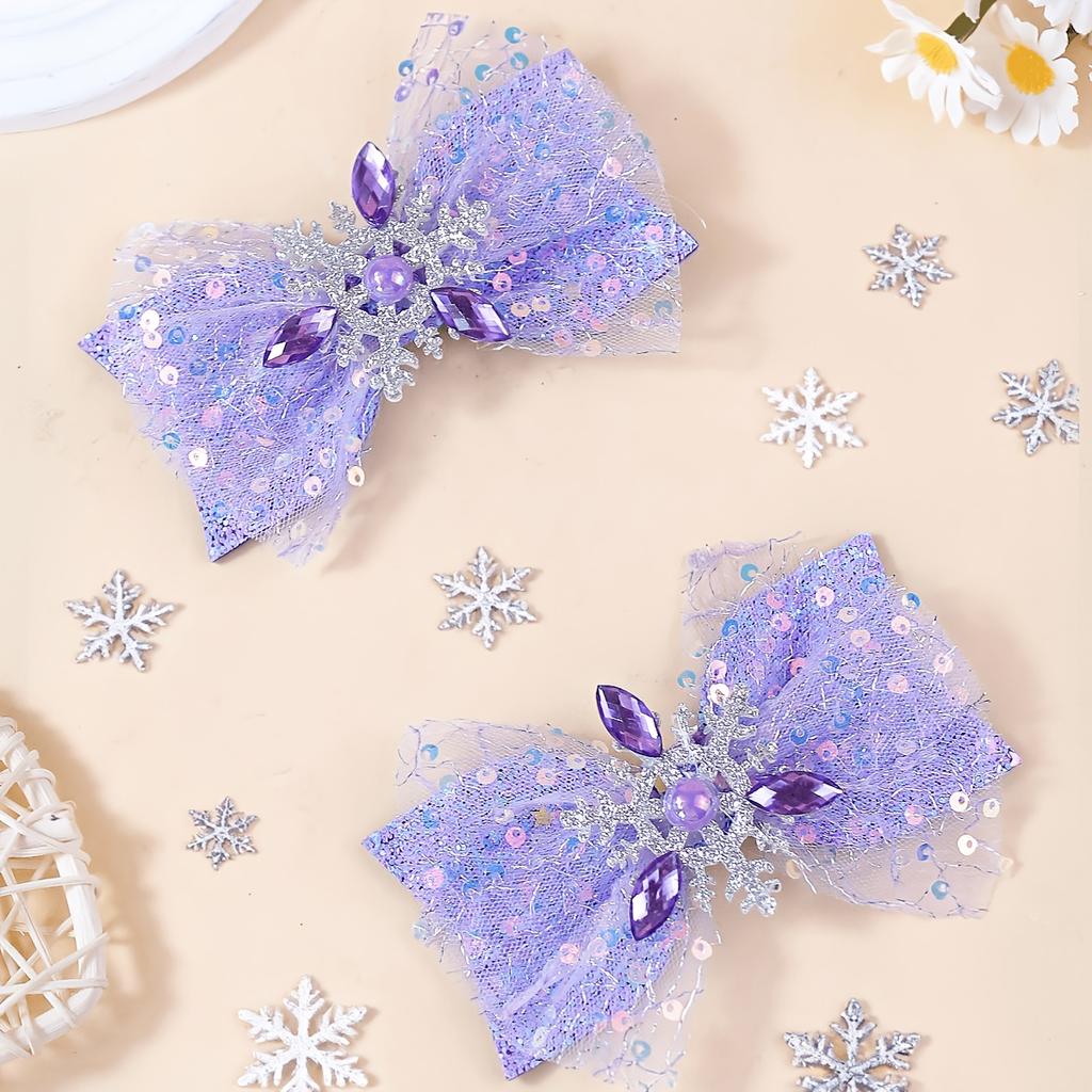 2Pcs Ice and Snow Double Sequin Pearl Bow Hair Accessories Snowflake Mesh Blue Decorative Hair Accessories Headgear