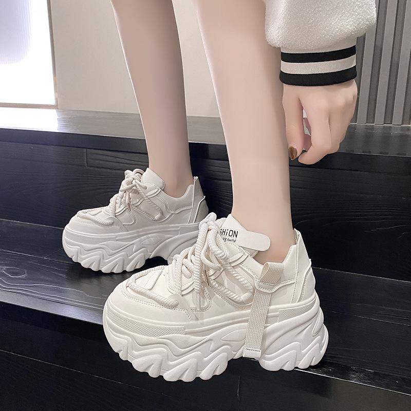 Fashion Women Platform Sneakers Spring Autumn 8CM Hidden Heel Sports Dad Shoes Woman Lace Up Leather White Casual Tennis Shoes Zapatos