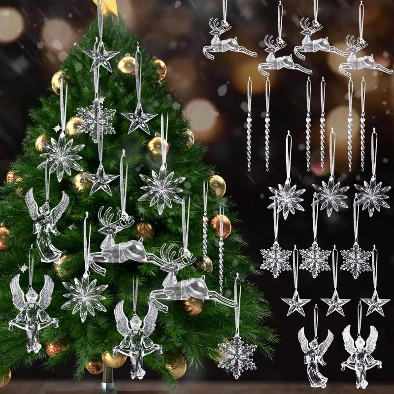 12/1pcs Crystal Snowflake Icicle Christmas Ornaments Xmas Tree Hanging Pendants Holiday New Year Party Transparent Decoration