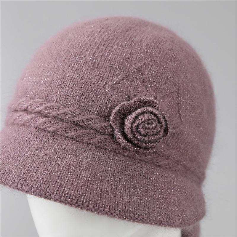 In the elderly autumn and winter hat women's solid color elegant flower mother hat thickened rabbit hair warm knitted wool hat