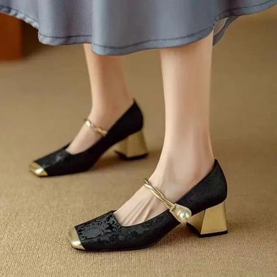 Модные туфли Мэри Джейн на высоком каблуке для женщин 2024 года, новая коллекция весна/лето, новый винтажный принт, элегантные туфли на толстом каблуке с неглубоким носком и квадратным носком