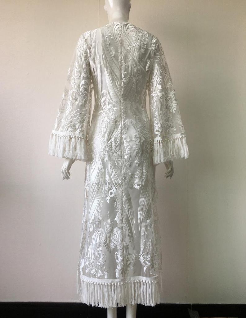 Elegant Lace Embroidery Tassel Evening Dress - Women's Two-Piece Set