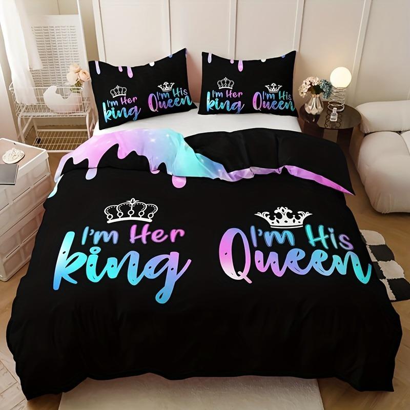 3-Piece Crown Letter Duvet Cover Set With 1 Duvet Cover And 2 Pillowcases Soft Breathable Hd Printing Bedding For Home And Dorm