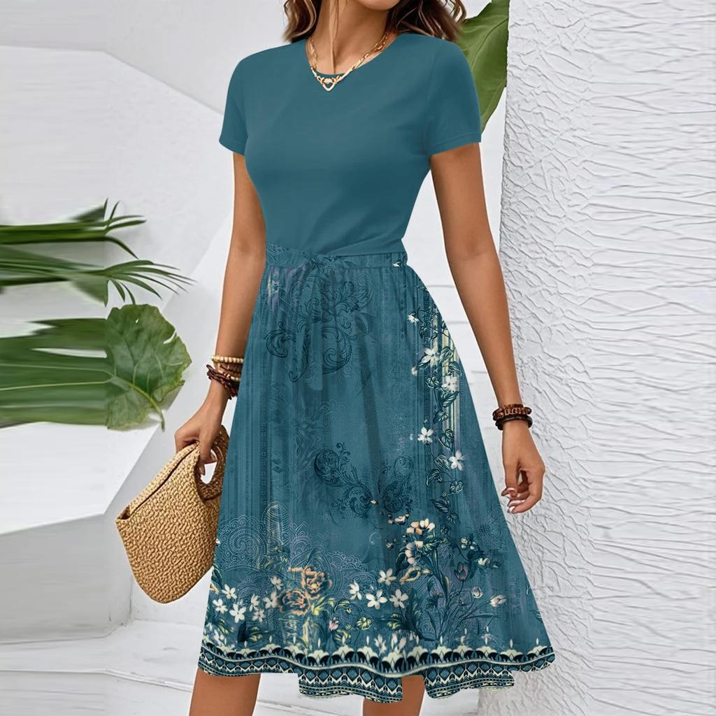 Women's Casual Fashion Belted Floral Print Short Sleeve Round Neck Elegant Dress
