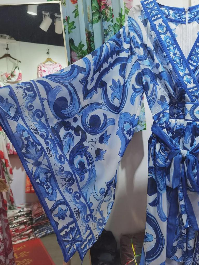 European & American Women's Chiffon Silk V-Neck Floral Print Maxi Dress