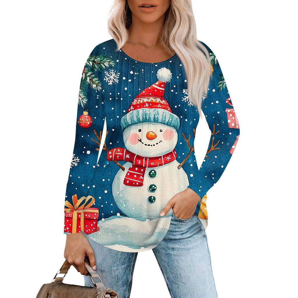 Женская повседневная футболка с круглым вырезом и длинными рукавами с рождественским принтом и складками