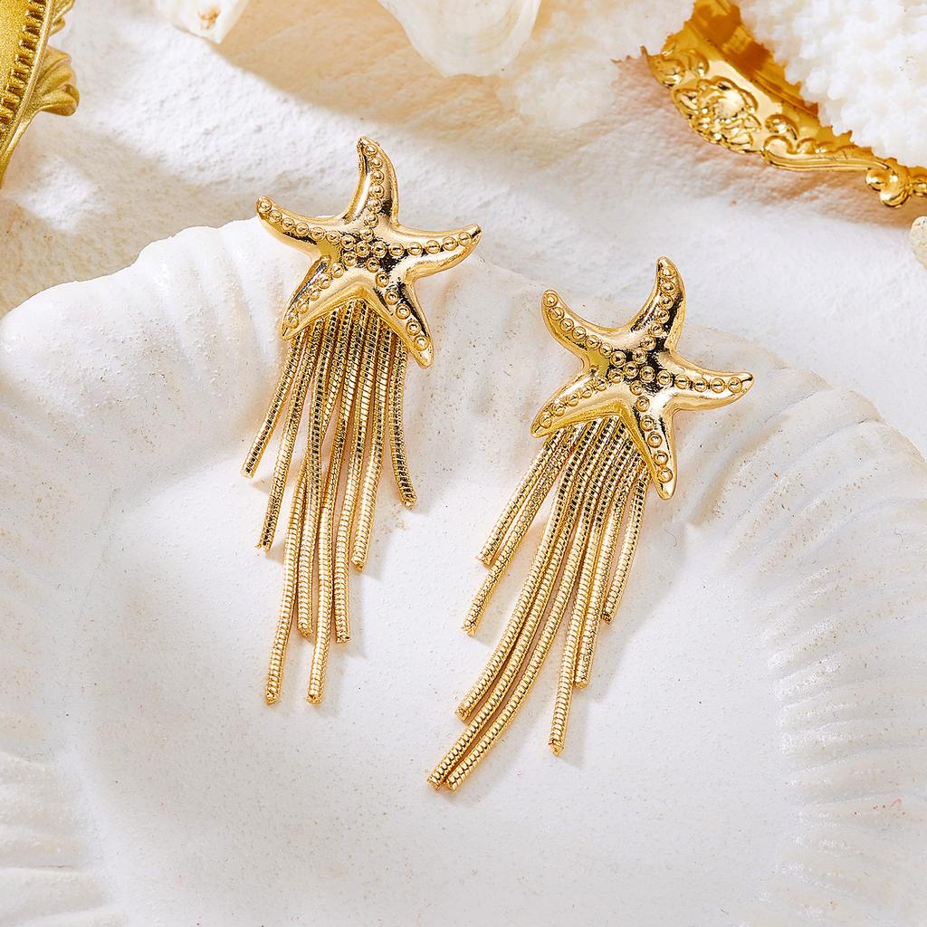 Bohemia Gold Color Metal Starfish Long Tassel Drop Earrings for Women Crystal Zircon Conch Shell Scallops Earring Beach Jewelry