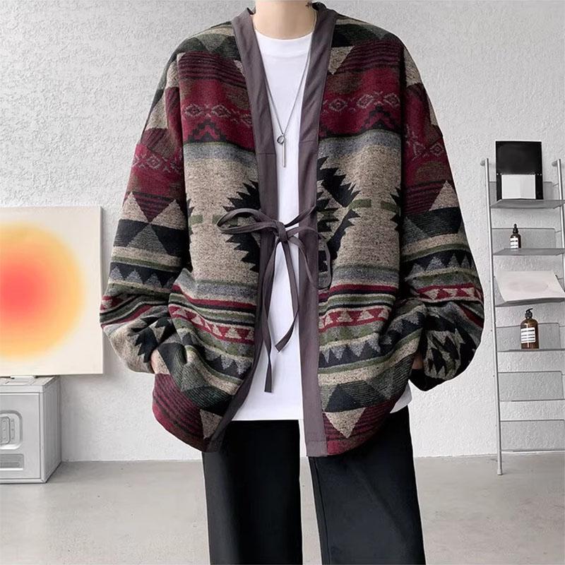 INCERUN Винтажный мужской длинный рукав цветочный принт бандажный кимоно кардиган