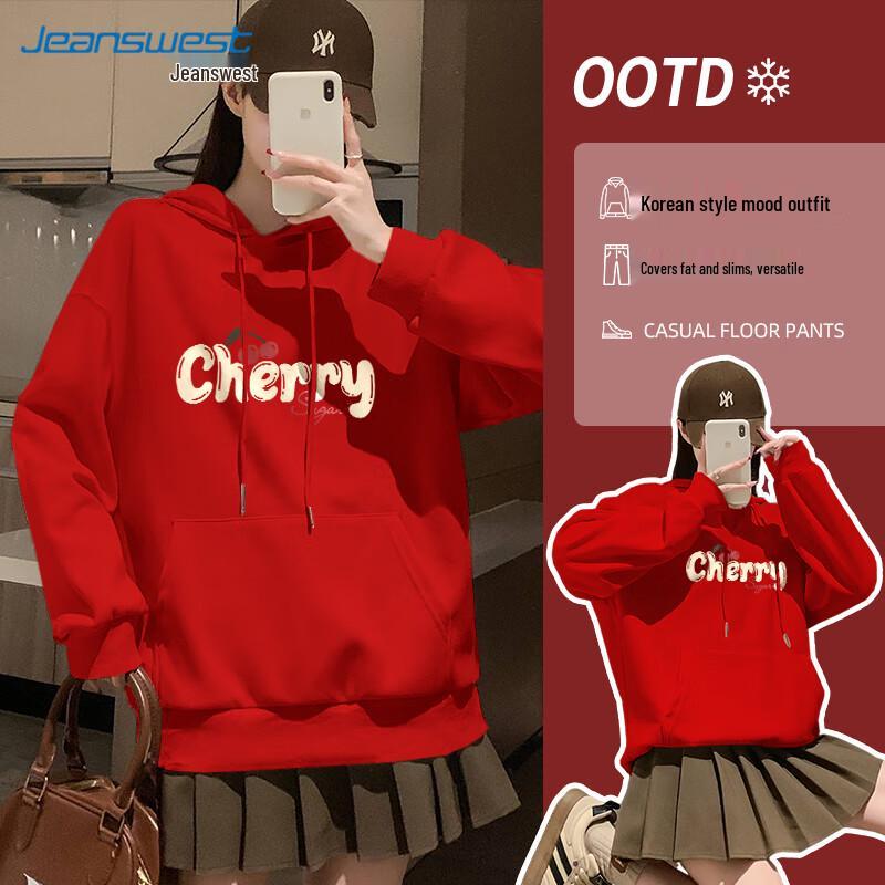 JEANSWEST Women's Cherry Candy Loose Fit Hooded Sweatshirt