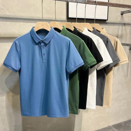 Мужская летняя футболка, сплошной цвет, ледяной шелк, свободный отложной воротник, короткие рукава, мягкий дышащий легкий пуловер на пуговицах, деловой офисный топ