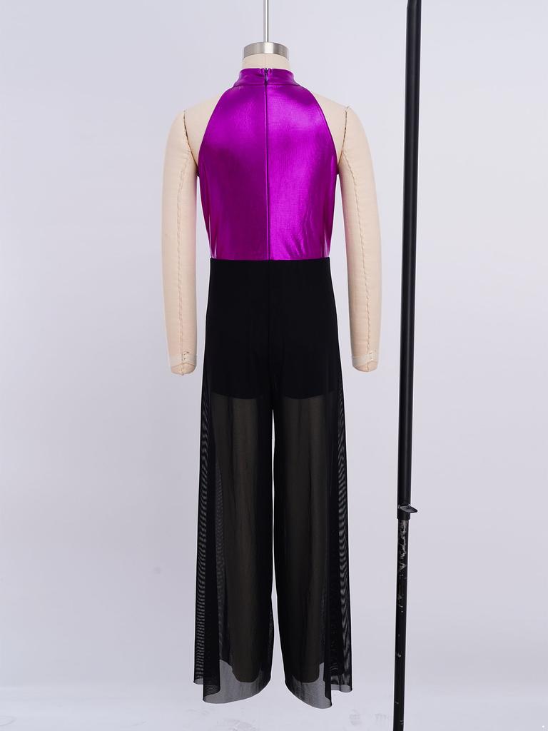 Блестящий металлический и сетчатый танцевальный комбинезон для девочек: Топ без рукавов с воротником-стойкой и оборками на лифе и струящиеся широкие брюки для сцены