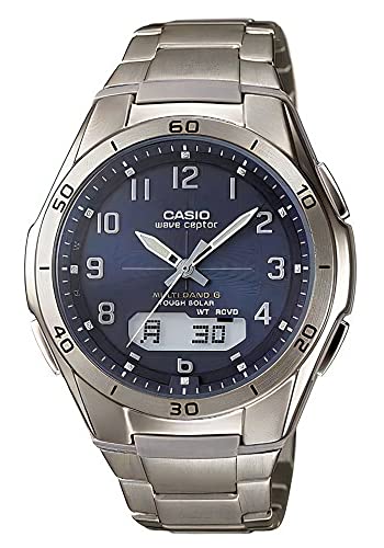 Мужские наручные часы Casio Wave Scepter радио-солнечные титановые модель WVA-M640TD-2AJF синие.
