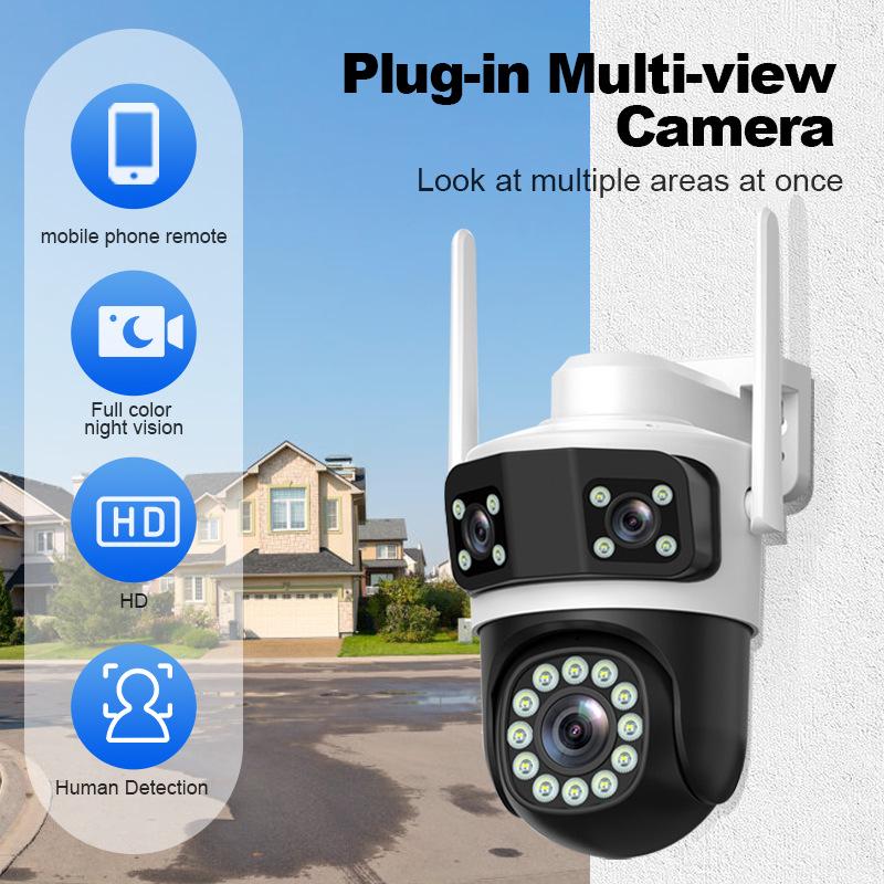 4G Wireless 3-Lens 3K Outdoor Home Security Camera, 6MP WiFi Network