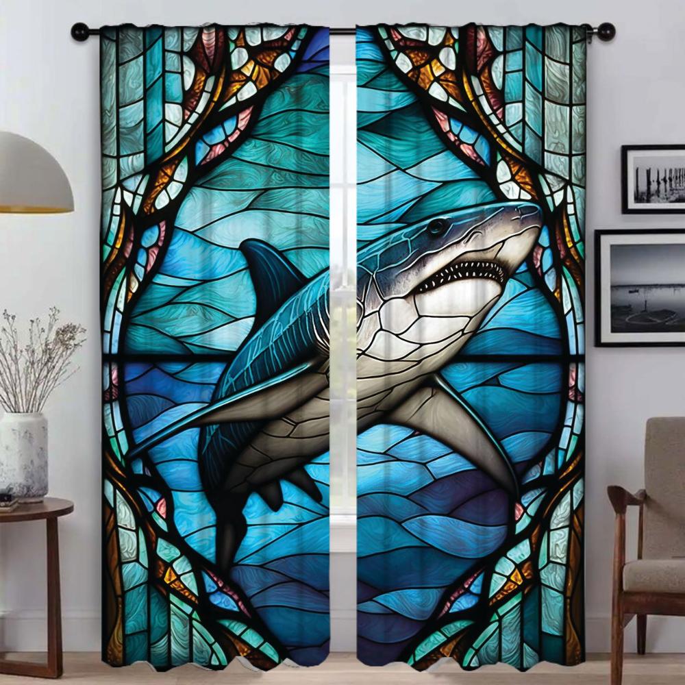 Stained Glass Sealife Blackout Curtains 2 Pieces Home Interior Curtains for Living Room Curtain Tulle for Bedroom Shades Kitchen