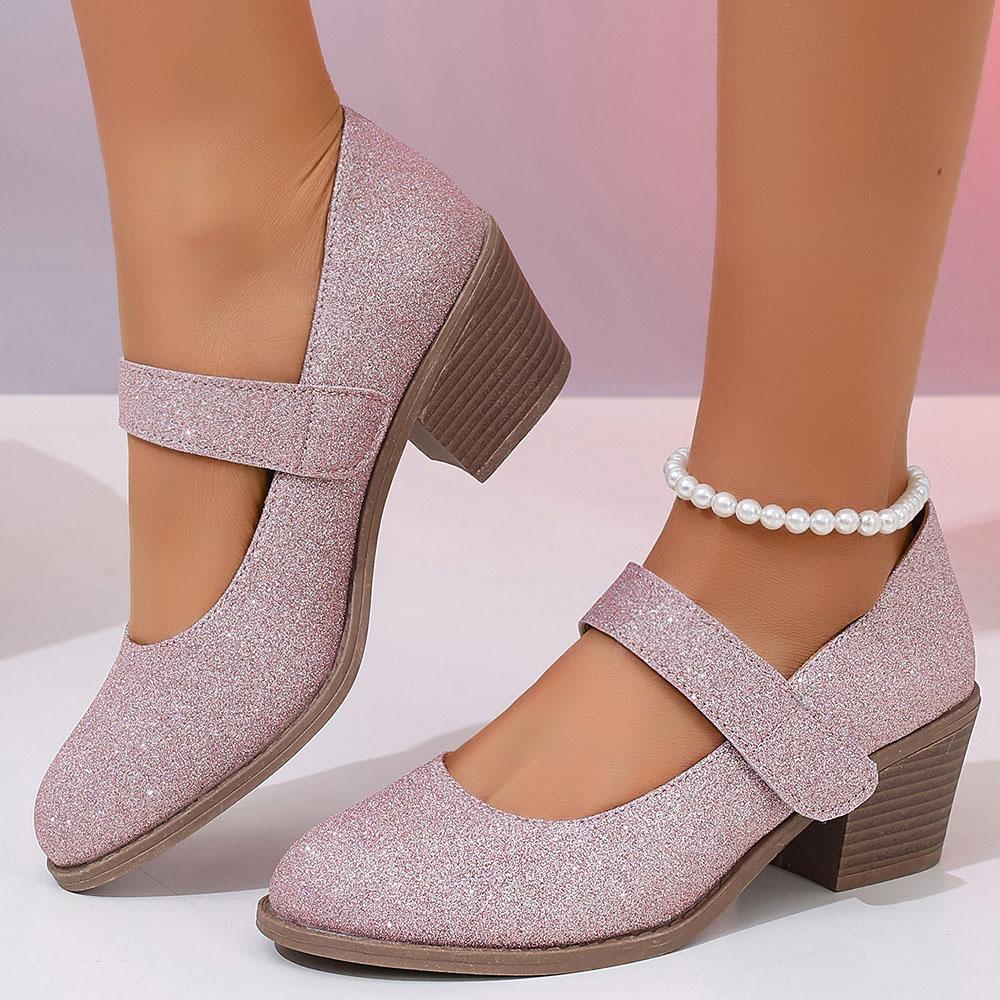 Pointed Toe Women Mary Jane Shoes Cute Casual Pumps Walking Comfy Bling Trendy Chunky Heels Women Shoes