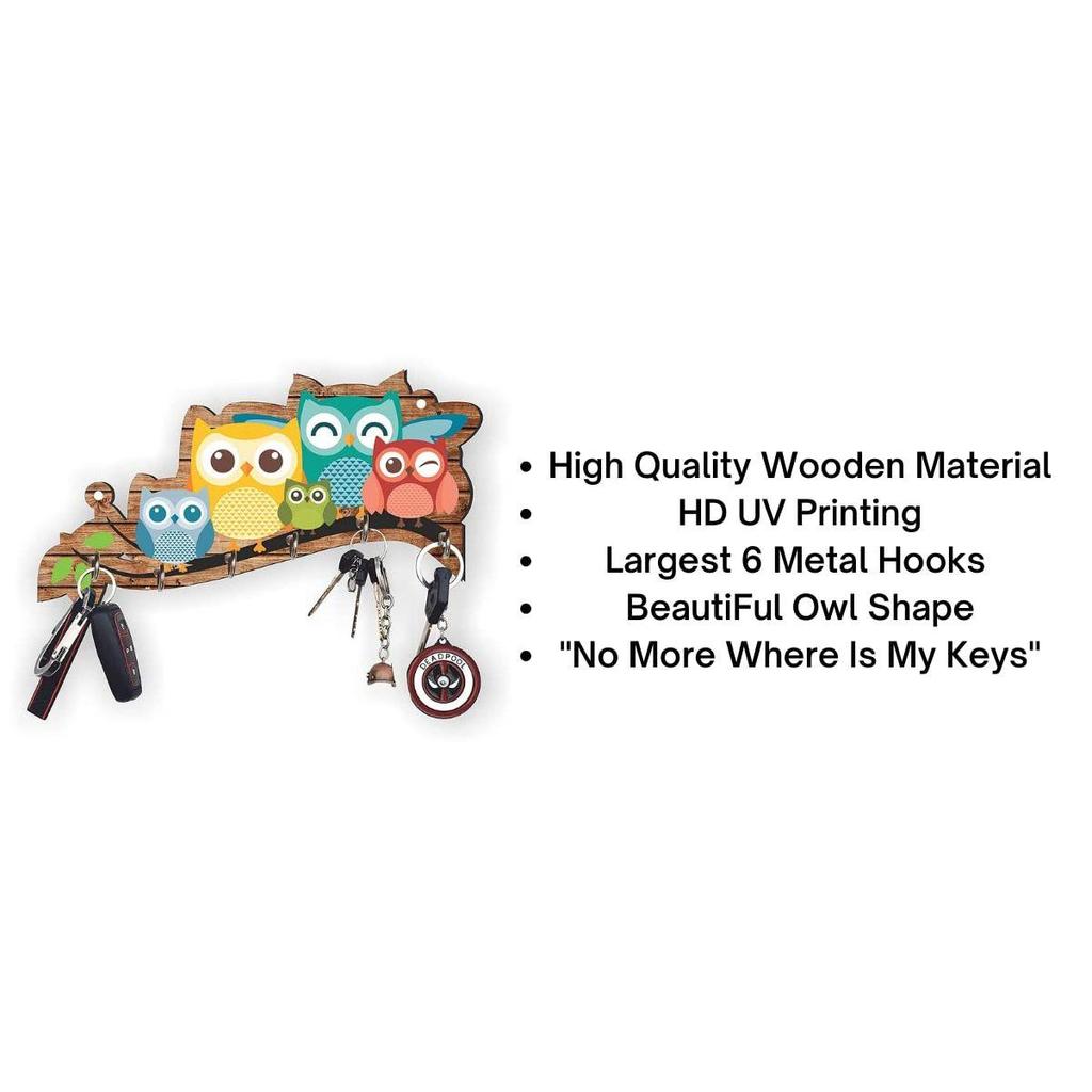 Premium 'Owl Family' Decorative Wooden Printed Key Holder for Home Decor Key Hangers Keychain Holder Key Stand & Key Holder(25 Cm, 6 Hooks)