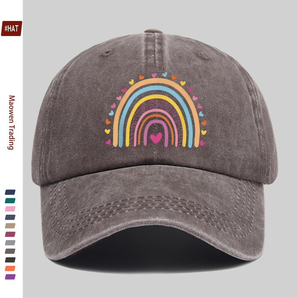 pc Rainbow And Heart Pattern Printed Baseball Cap Bohemian Style Rainbow Design Sun Hat Comfortable Lightweight Trucker Decor