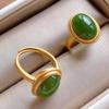 Vintage Adjustable Green Jade Ring for Women – Gold Plated Open Band, Large Size Fit, Retro Elegant Jewelry