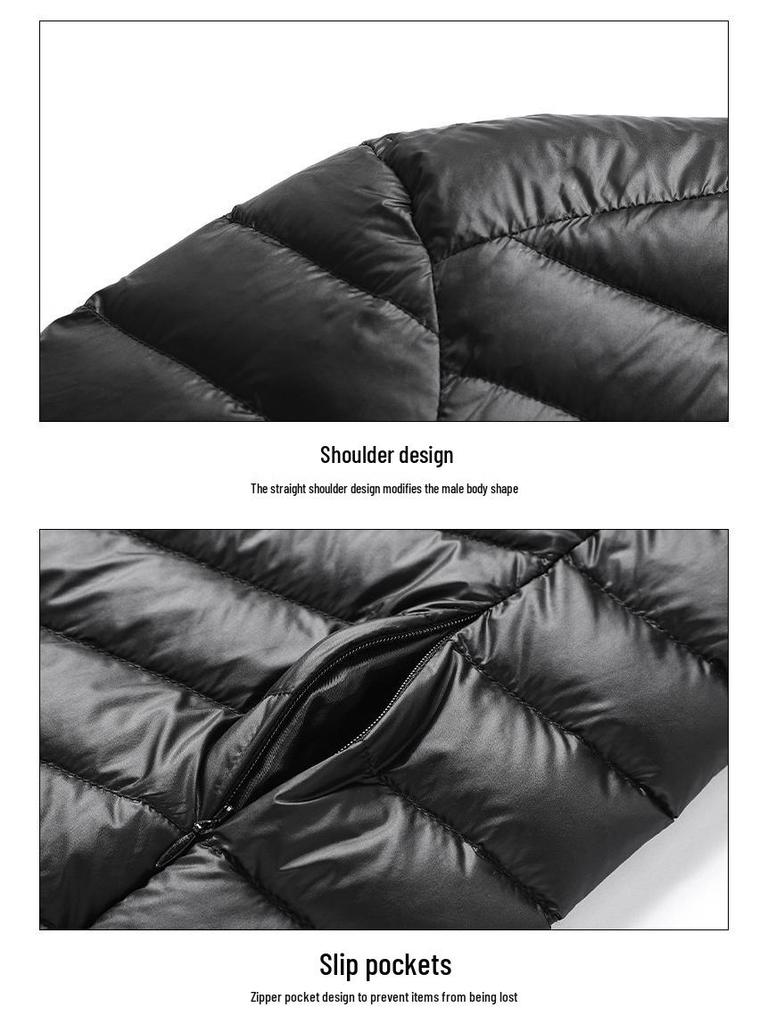 Мужской легкий пуховый жилет 2024: Модный воротник-стойка, без рукавов, 50% пух.