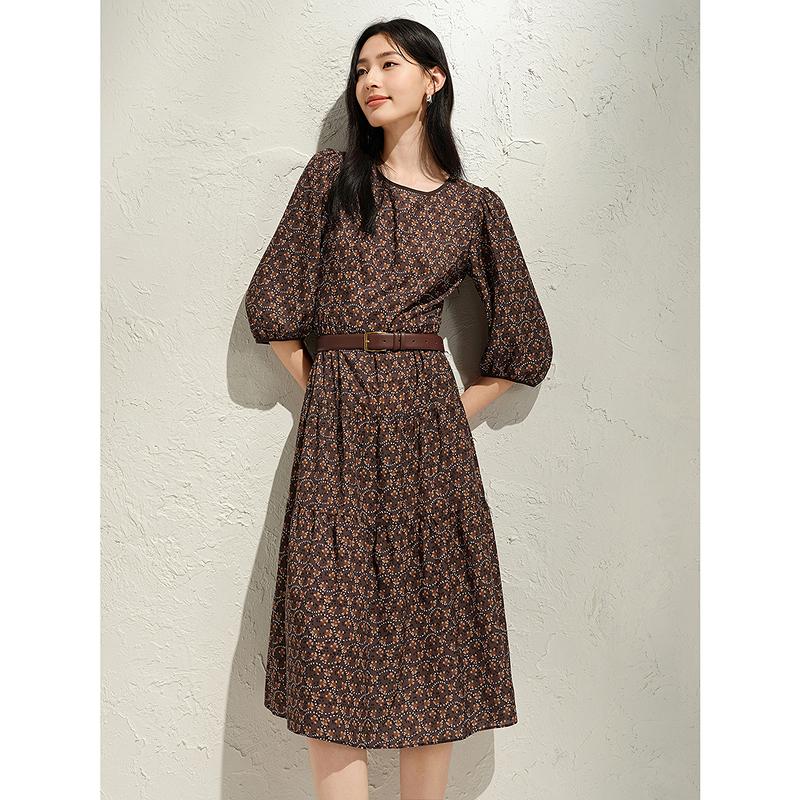 Jiuzi Anna Kou Elegant Maillard Geometric Printed Chiffon Waist Dress for Women, Spring 2025 New Collection