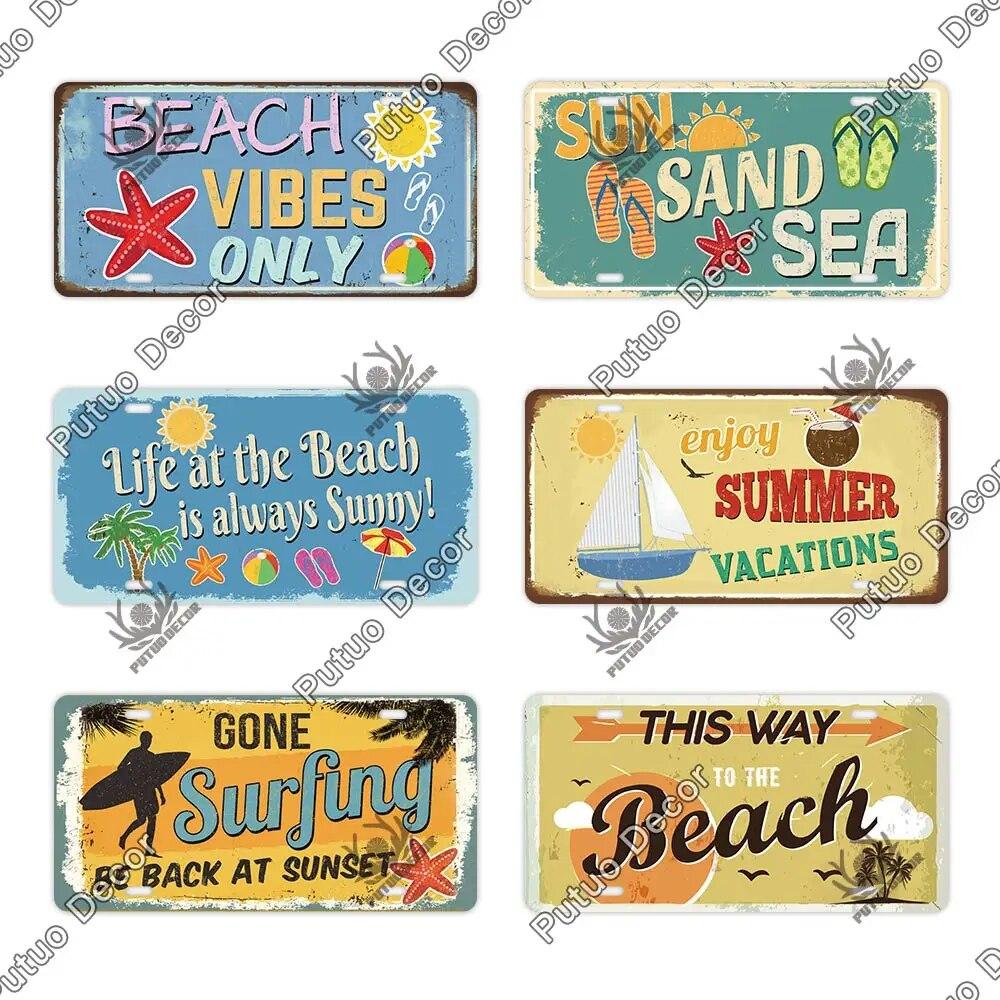 Putuo Decor Beach Retro Tin Sign Licenses Plate Plaque Metal Vintage Poster for Pub Bar Surf Club Man Cave Wall Art Decoration