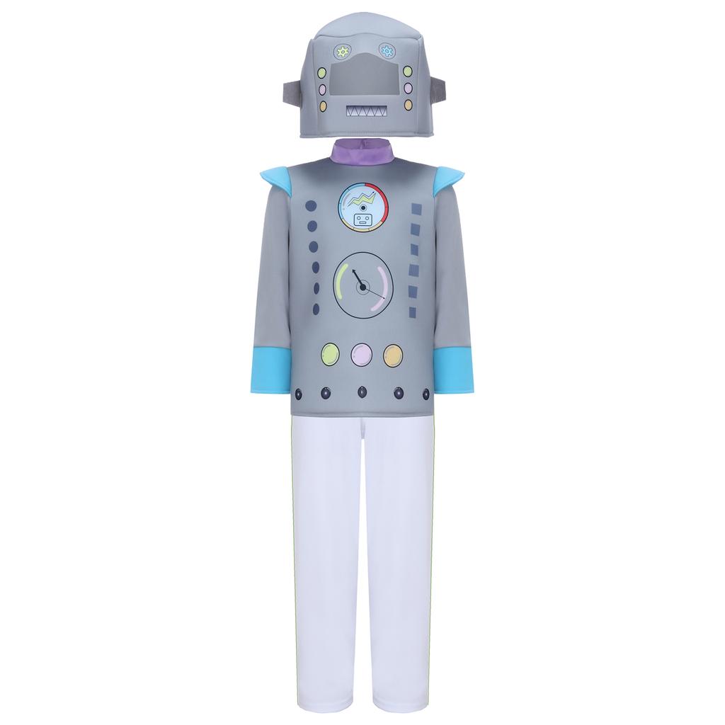 Unisex Kids Robot Costume Long Sleeve Colorful Printed Top Elastic Waistband Pants Cute Robot Headgear Cosplay Halloween Set