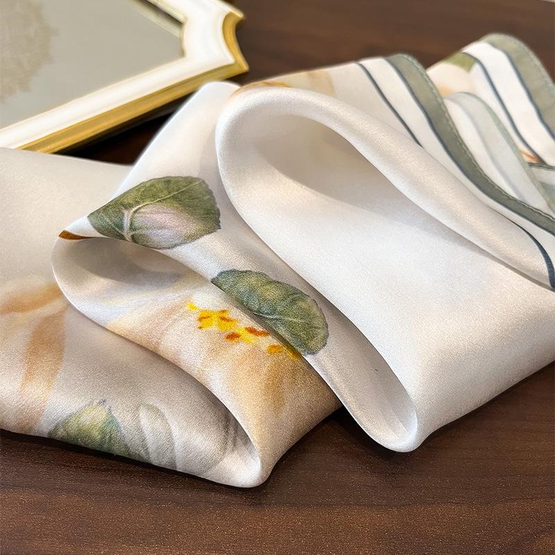 Elegant Kapok Silk Scarf Women's Spring Fashion Light Luxury Versatile Mulberry Silk Small Scarf Plain Crepe Satin 53 Square Scarf