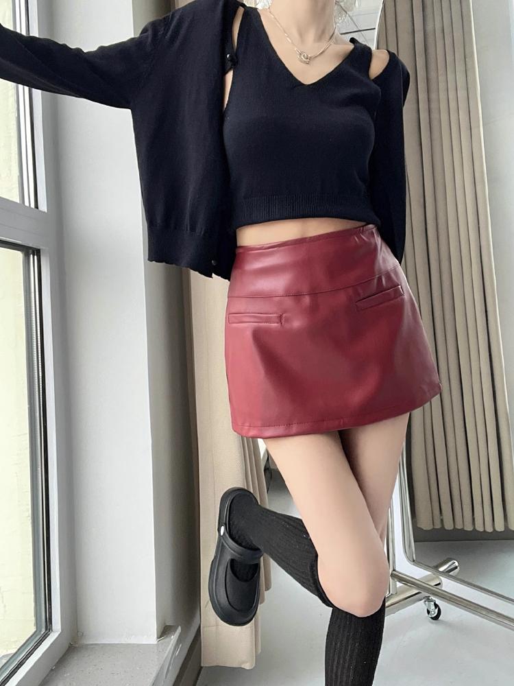Мини-юбки из искусственной кожи, элегантные корейские модные черные юбки из искусственной кожи для женщин, юбка с высокой талией, юбка на молнии с шортами