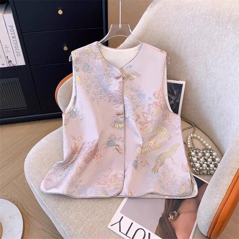 2025 Spring Vest Embroidered Round Neck Disc Button Vest Women's New Temperament High-end Top Tide