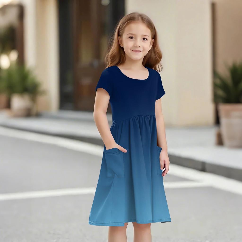 Детская юбка с круглым вырезом и коротким рукавом, платье принцессы, модное повседневное платье с карманами для девочек