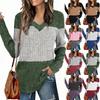 Women's V-neck Long-sleeved Patchwork Fitted Top T-shirt