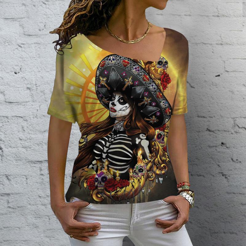 Лето 2023, винтажная женская футболка с изображением черепа, топы с v-образным вырезом, повседневный хлопковый пуловер с короткими рукавами, женская уличная одежда в стиле Харадзюку в стиле панк