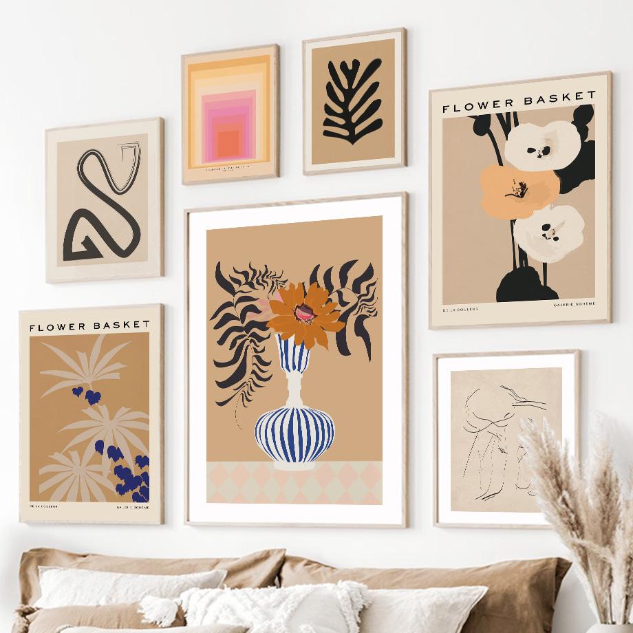 Винтажный цветочный рынок, абстрактная линия, кривая, настенная живопись на холсте, плакаты на скандинавскую тему и принты, настенные панно для декора гостиной