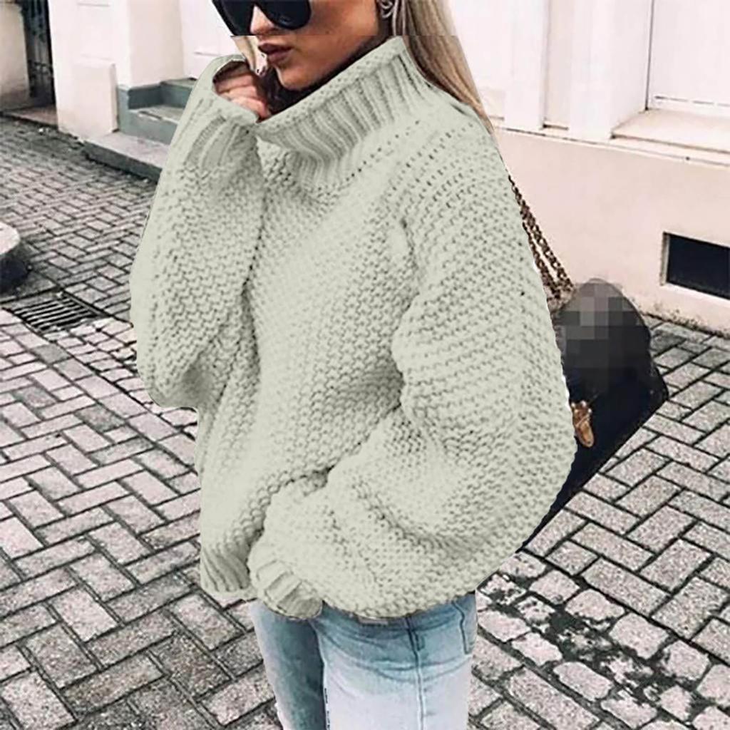 Women's Casual Oversize Chunky Knit Pullove Long Sleeve Elegant High-Neck  Vintage Chunky  Winter Pullove Sweater